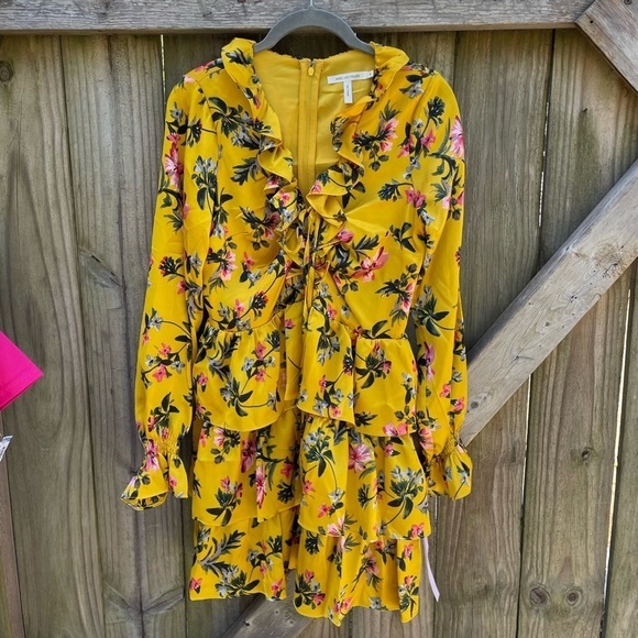 Avec Les Filles Marigold Mustard Yellow Floral Ruffle Detail Mini Dress - Picture 4 of 16